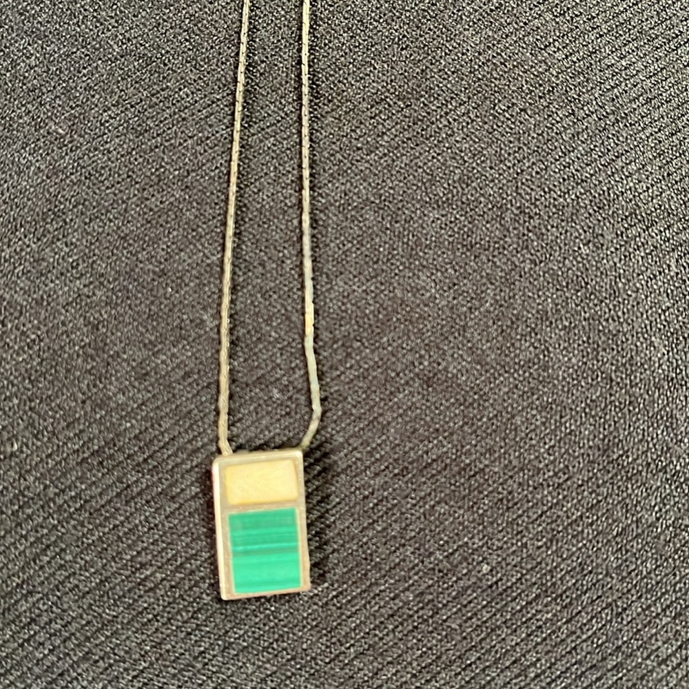 Unique vintage Sterling and enamel green and white pendant on 12”